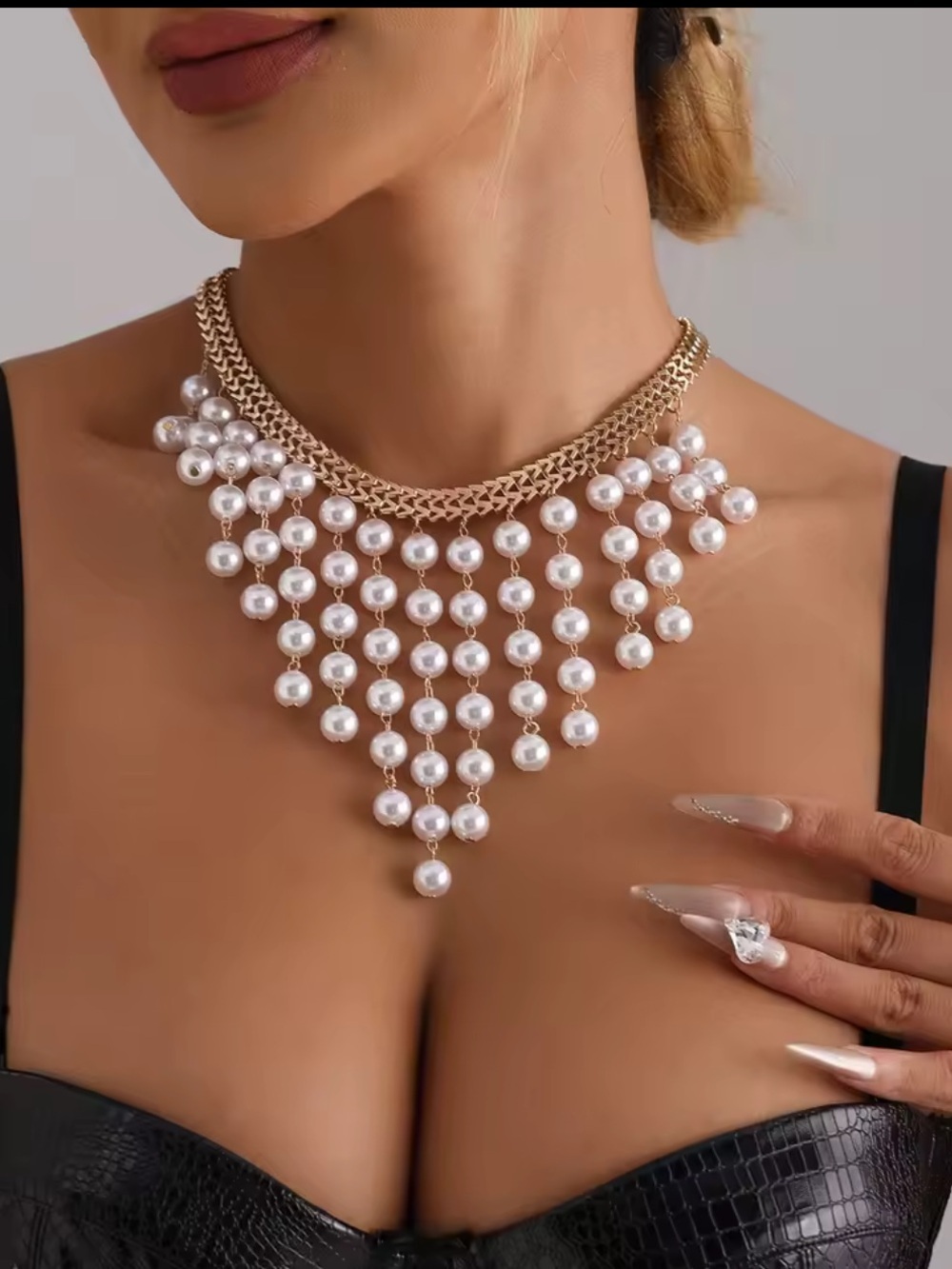 Gold-Tone Layered Pearl Bib Necklace - White Pearls - Picture 4 of 10